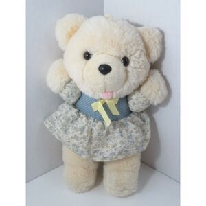 Dandee cream beige teddy bear plush pink tongue blue dot floral dress vintage